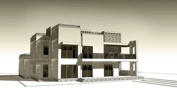 3d pencil sketch illustration of a modern private building exterior facade design. Old paper or sepia effect