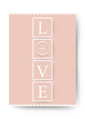 Vektör tebrik kartı pembe / dikiş düğme, dantel ve kelime aşk ile banner. Mutlu sevgililer günü kavramı