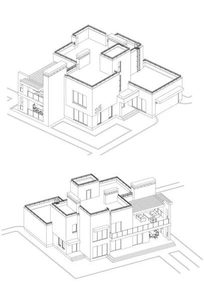 Ensemble Vectoriel Façades Maison Privée Dessin Technique Architectural Détaillé Isométrique — Image vectorielle