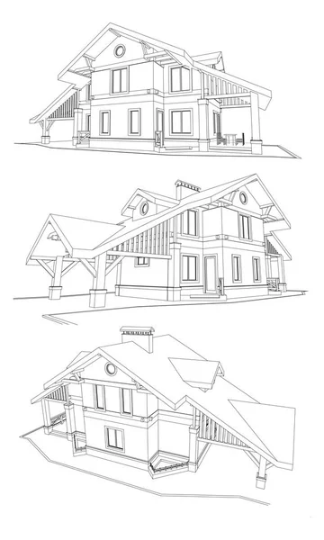 Vector Set Private House Facades Detailed Architectural Technical Drawing — Stock Vector