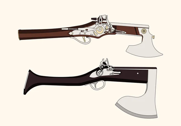 矢量卡通手绘一套老式的火线手枪和战斗斧头组合武器 — 图库矢量图片