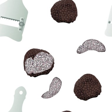 Seamless vector pattern of hand drawn black truffles mushrooms, tuber fungus and slicer on white clipart