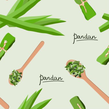 Vector seamless pattern of pandan leaves, shredded pandan spices in wooden spoon and wrapped leaves clipart