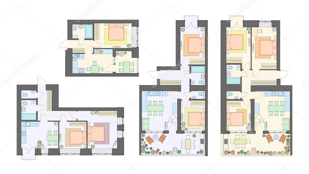 Vector set of furnished apartments, architectural background, top view