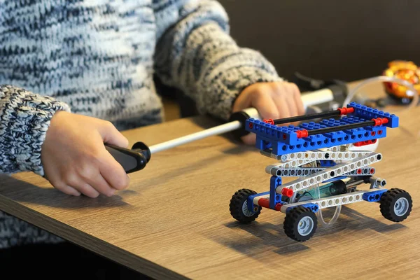 Closeup Boy Hands Pumping Constructor Learning Basics Pneumatics School Robotics — Stock Photo, Image