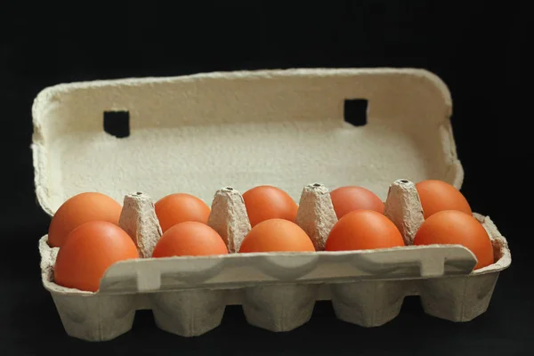 棕色鸡蛋在鸡蛋纸盒 隔离在黑色 选择性焦点 — 图库照片