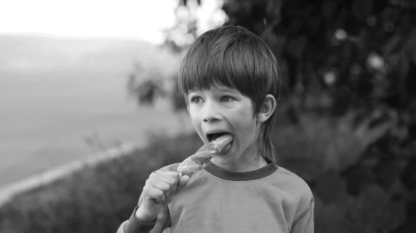 Czarno Biały Portret Sześciolatek Chłopiec Jedzenie Popsicle Odkryty — Zdjęcie stockowe