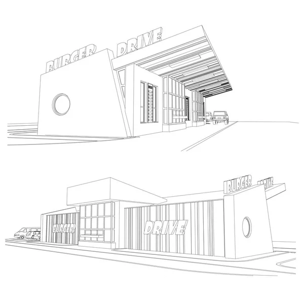 街头食品汉堡咖啡馆外墙矢量集 详细的建筑技术图纸 — 图库矢量图片