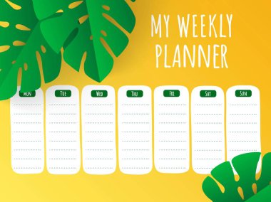 Kağıt kesme yaprakları ile tropikal sarı haftalık Planlayıcı. Vektör sabit şablonu