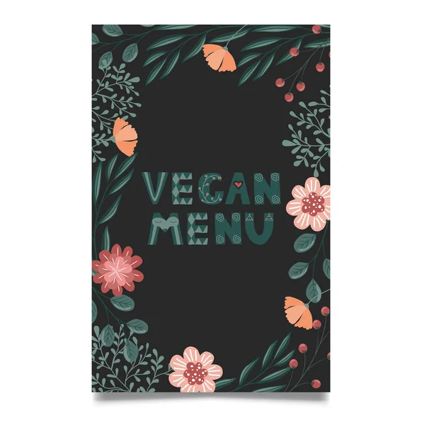 Veganer Menüvektor Florales Design Mit Handgezeichnetem Schriftzug — Stockvektor