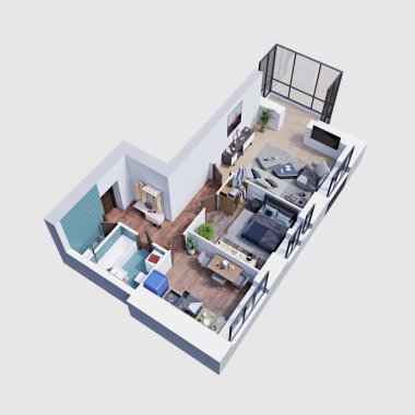3d render planı ve modern bir daire düzeni, biyometrik