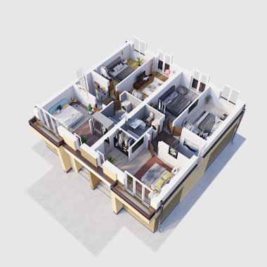 Çok katlı konut kat planı 3d render illüstrasyon, biyometrik