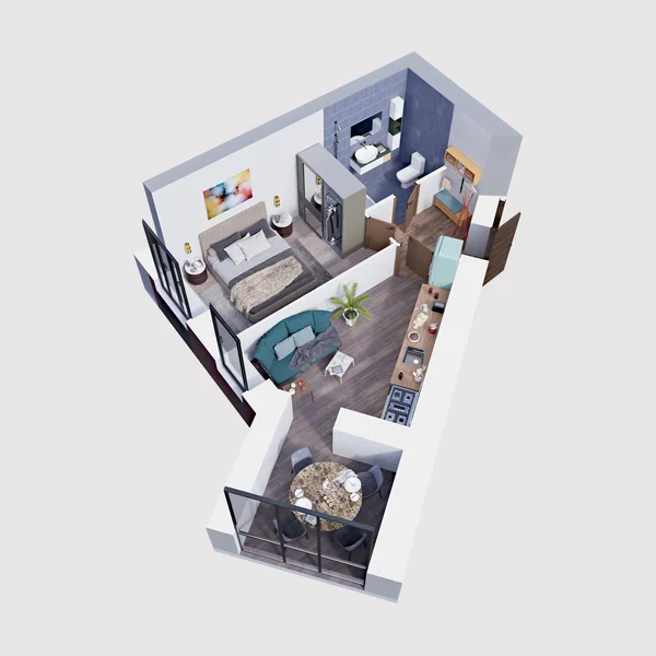 Render Rencana Dan Tata Letak Dari Sebuah Apartemen Modern Isometric — Stok Foto