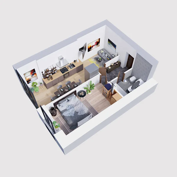 Render Rencana Dan Tata Letak Dari Sebuah Apartemen Modern Isometric — Stok Foto
