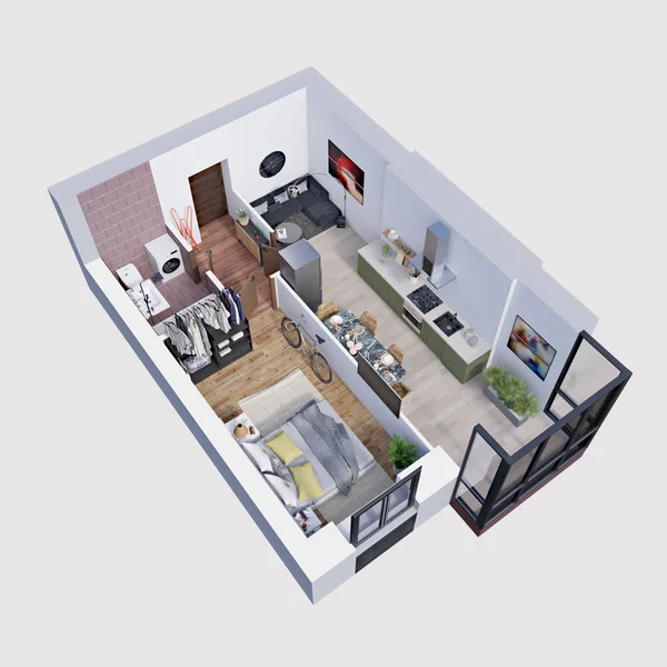 3d render plan and layout of a modern apartment, isometric