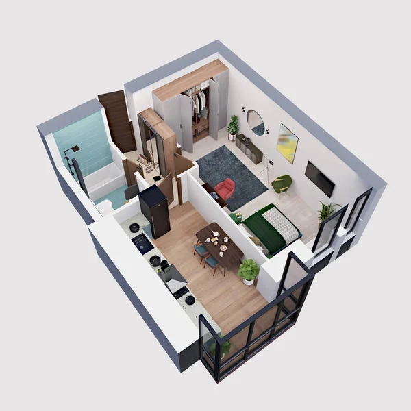 Renderizar Plano Layout Apartamento Moderno Isométrico — Fotografia de Stock