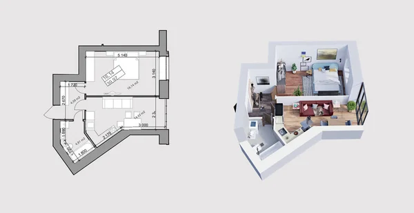 Rendering Und Plan Layout Einer Modernen Wohnung — Stockfoto
