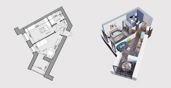 3d rendering and plan/layout of a modern apartment