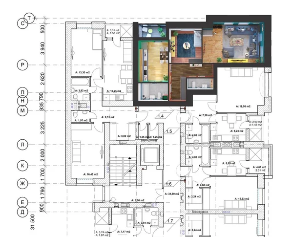 Renderowanie Nowoczesnego Mieszkania Dwiema Sypialniami Znajduje Się Rysunku Plan Piętro — Zdjęcie stockowe