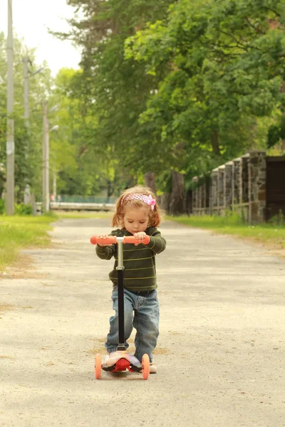 One Year Old Toddler Girl Her First Scooter Ride — Stock Photo, Image