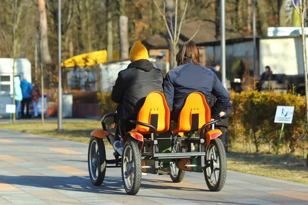 Menschen Die Tretauto Fahren Rückansicht Sport Und Freizeitaktivitäten Sonnigen Park — Stockfoto