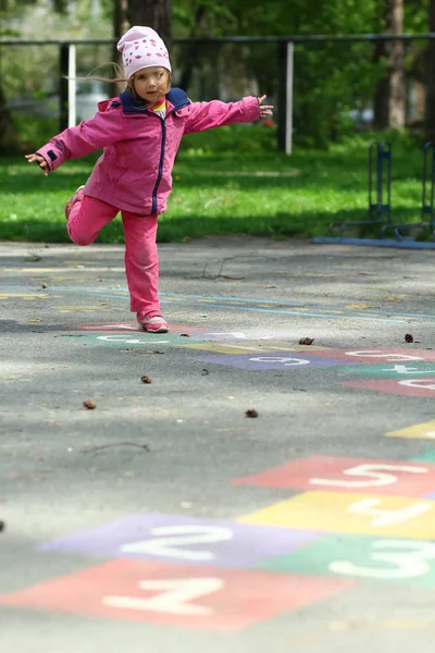 Three Year Old Girl Jumping Playing Hopscotch Park — Stock Photo, Image