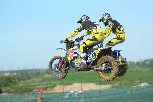 Bucha Ukraine May 2019 Sidecar Motocross Athletes Jumping Dirt Track — Stock Photo, Image