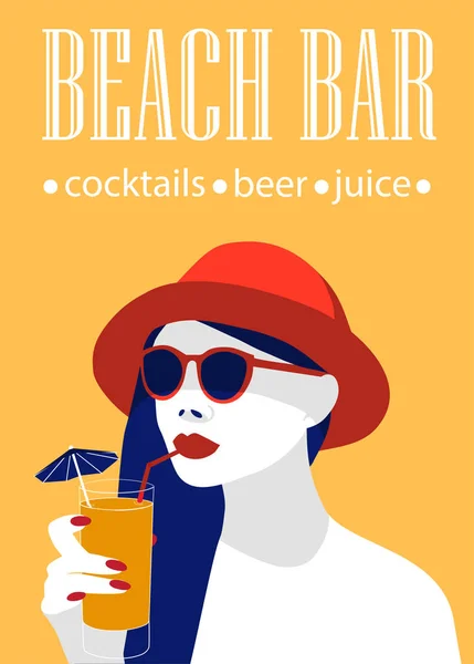 Cartel Del Bar Playa Añadir Con Una Elegante Joven Bebiendo — Vector de stock