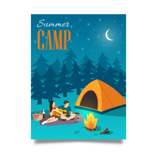 Summer camp vector hand drawn flyer or poster with young couple playing the guitar