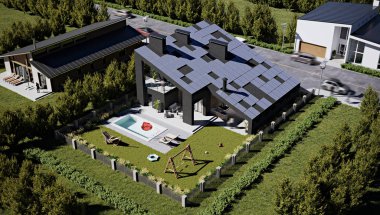 Özel bir evin havadan görünümü, 3d render