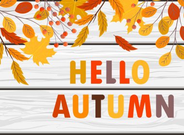 El çizilmiş yaprakları ve ahşap arka plan üzerinde yazı ile Merhaba sonbahar vektör afiş