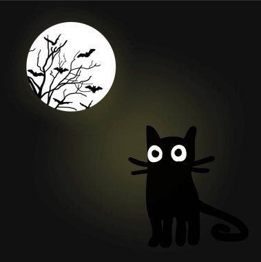 Komik siyah kedi ve parlayan ürkütücü ay ile Halloween el çizilmiş gece vektör arka plan