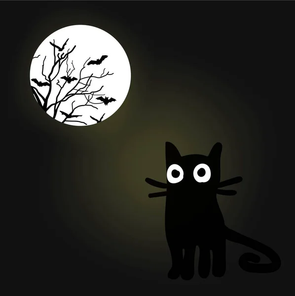 面白い黒猫と輝く不気味な月とハロウィーンの手描きの夜のベクトルの背景 — ストックベクタ