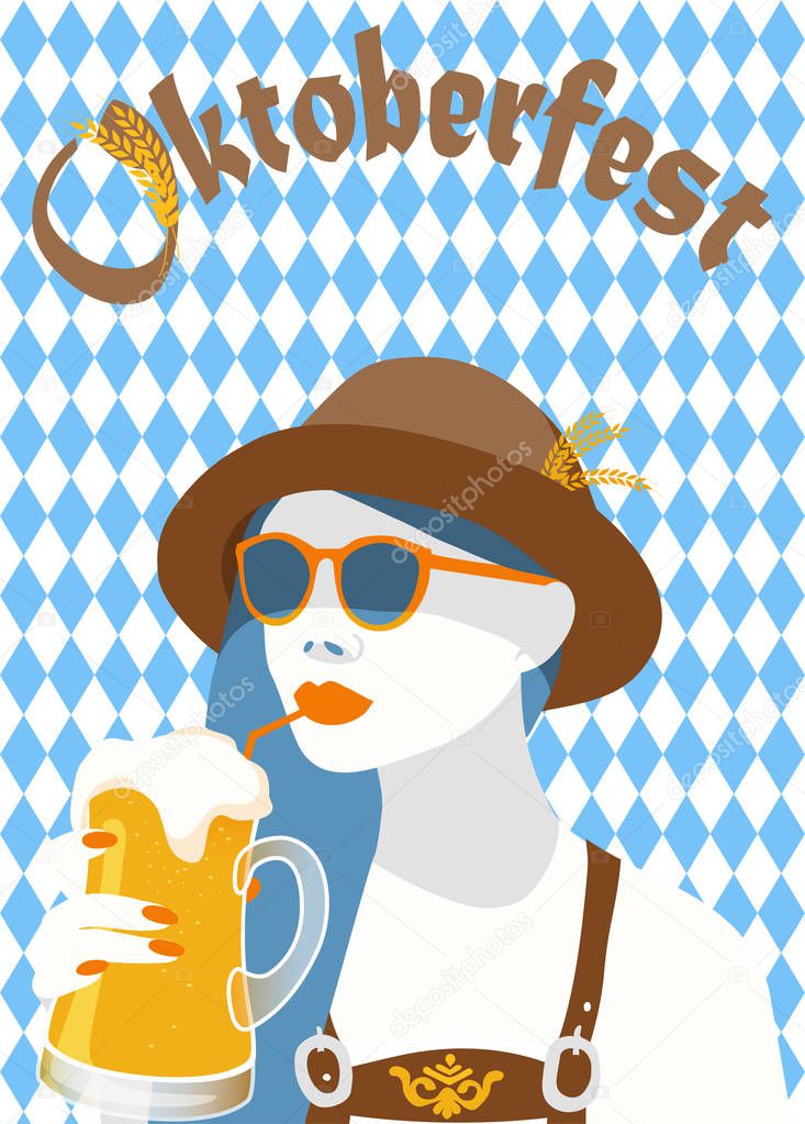 Vector illustration of oktoberfest blue diamond symbols poster banner with a hip woman holding a  light beer mug
