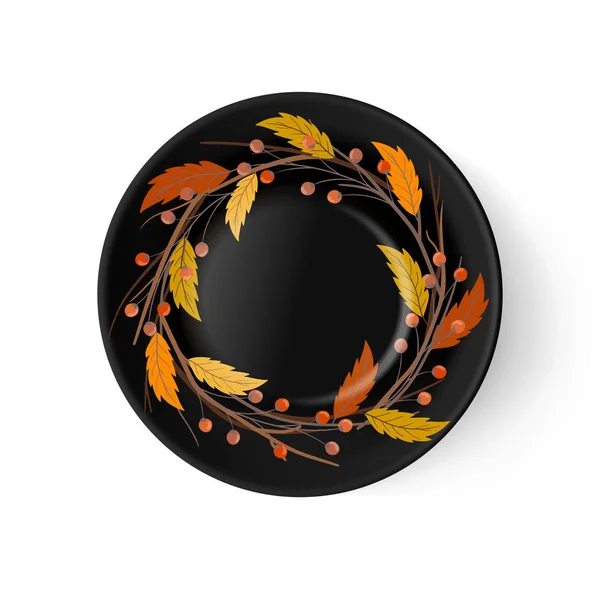 Placa Porcelana Preta Vetorial Com Folhas Ramos Outono Desenhados Mão —  Vetores de Stock