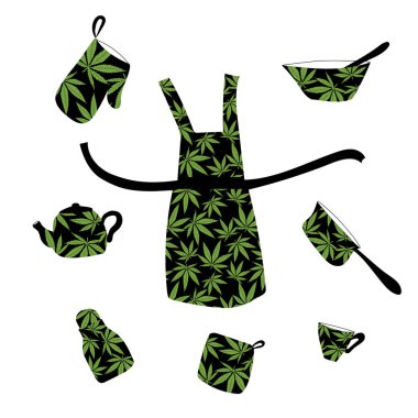 Marihuana yapraklarıyla el yapımı siyah mutfak eşyaları.