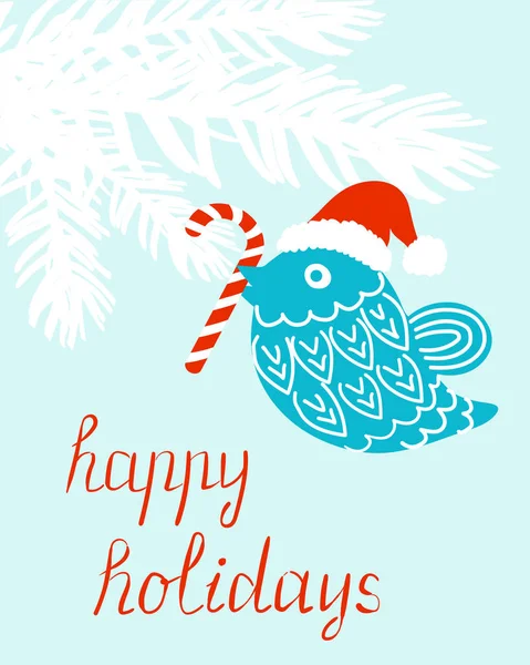 Hand Drawn Happy Holiday Vector Card Bird Candy Cane — Stock Vector