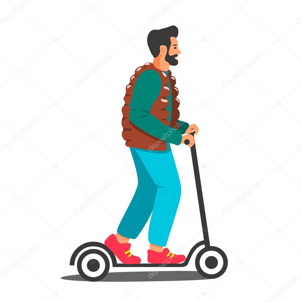 Profile portrait of a cartoon man on electric scooter