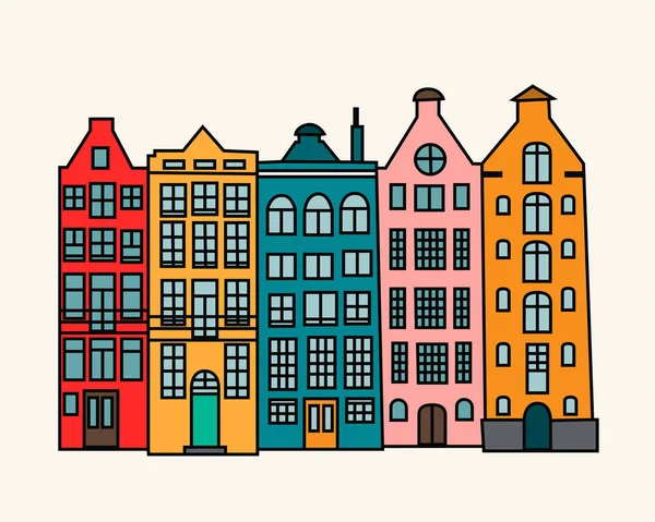 Set Colorati Vecchi Edifici Europei Più Piani Disegnati Mano Amsterdam — Vettoriale Stock