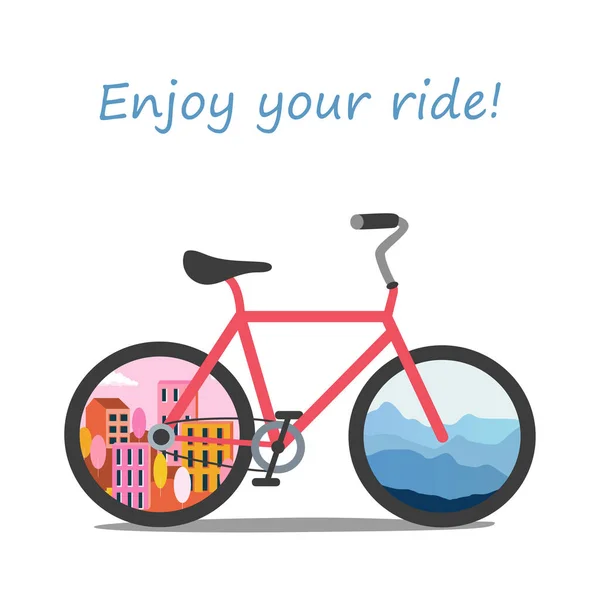 Vektor Illustration Eines Roten Fahrrads Mit Stadt Und Bergblick Seinen — Stockvektor