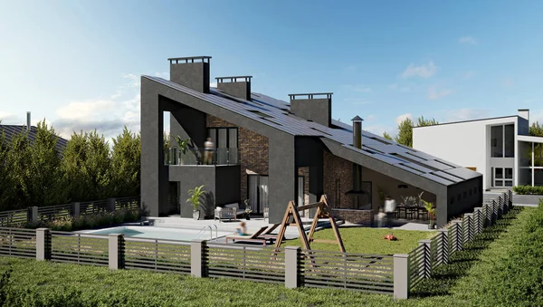 PV model güneş panelleri olan modern bir özel evin 3D görüntülenmesi