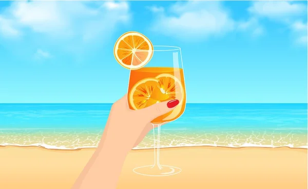 Ilustração Vetorial Uma Mão Feminina Levantando Copo Coquetel Aperol Praia — Vetor de Stock