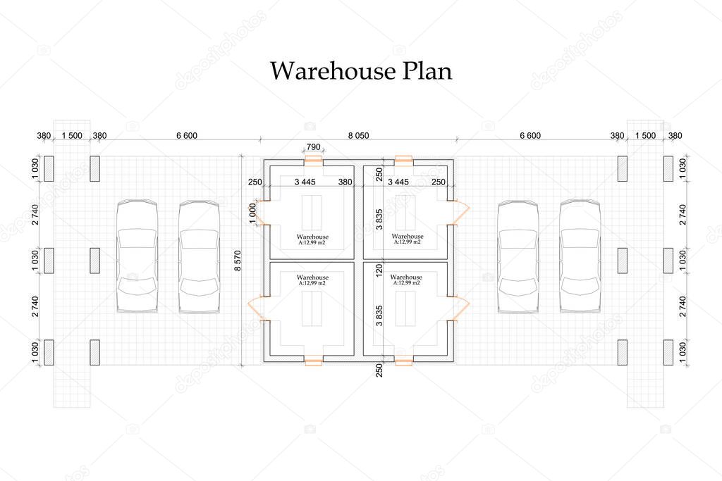 Detailed architectural vector master plan of private warehouses and parking space