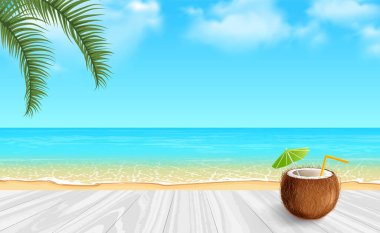 Tahta masa, hindistan cevizi içeceği ve palmiye dallarıyla tropik vektör modeli.