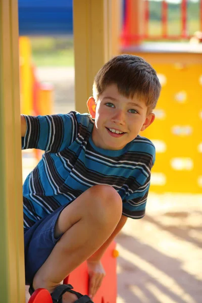 Portrait Happy Caucasian Eight Year Old Smiling Boy Sunlit Summer — Stock Photo, Image