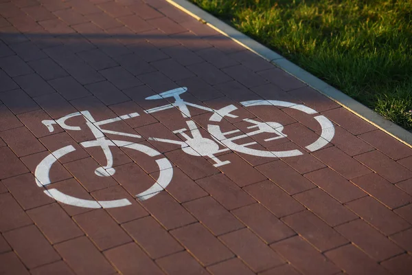 Closeup of white bicycle sign on the sunlit bike lane in the park