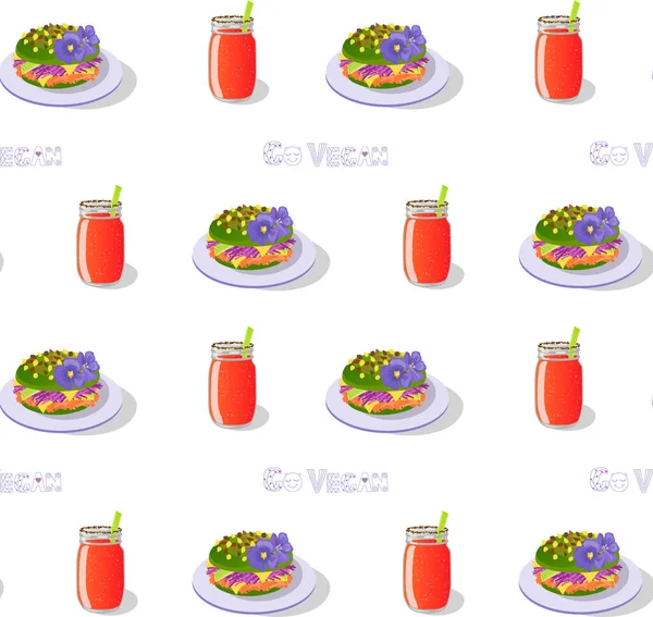 Modèle Vectoriel Sans Couture Hamburger Végétarien Verre Smoothie Vegan Concept — Image vectorielle