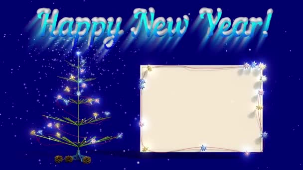 模拟海报与圣诞树和雪在蓝色背景 云杉与照亮花环和圣诞球 — 图库视频影像