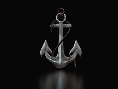Metal çapa metal halat izole üzerinde siyah bir arka plan ile. 3D render.