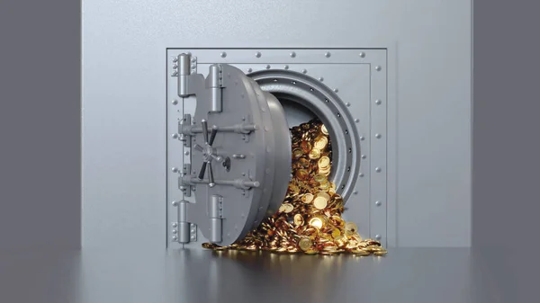 Bank vault door opening revealing a golden coin. 3d rendering.